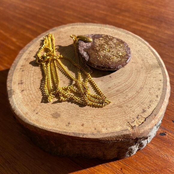 Gold Flecked Resin on Flat Brown Stone Necklace - Picture 3 of 10